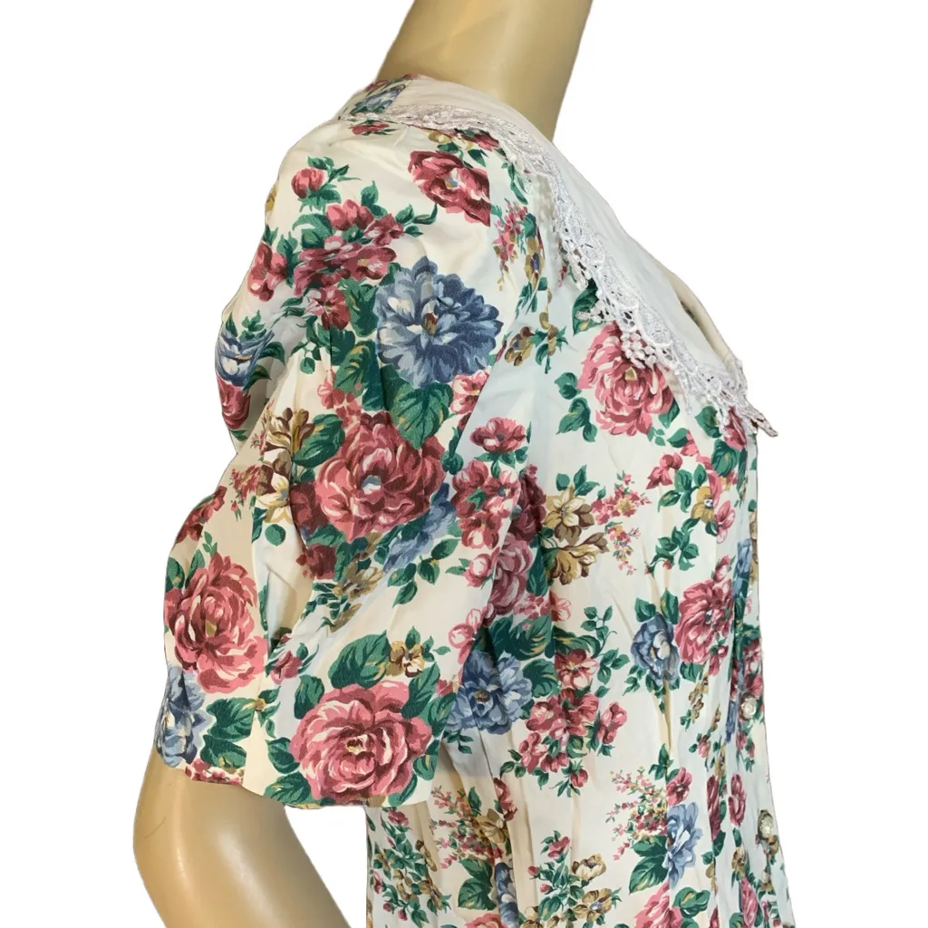 VINTAGE 1990'S MS CHOICE WHITE W/PINK & BLUE FLORAL PRINT BUTTON DOWN DRESS (12) - Image 5