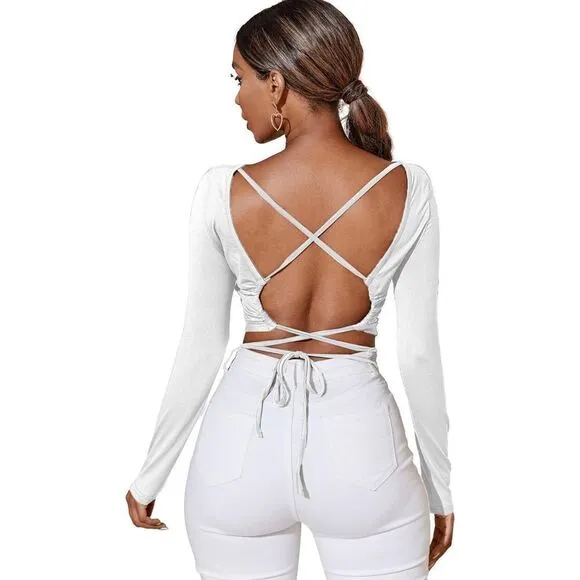 NEW Crisscross Tied Backless Long Sleeve Crop Tee T Shirt Top M White Size M - Image 2