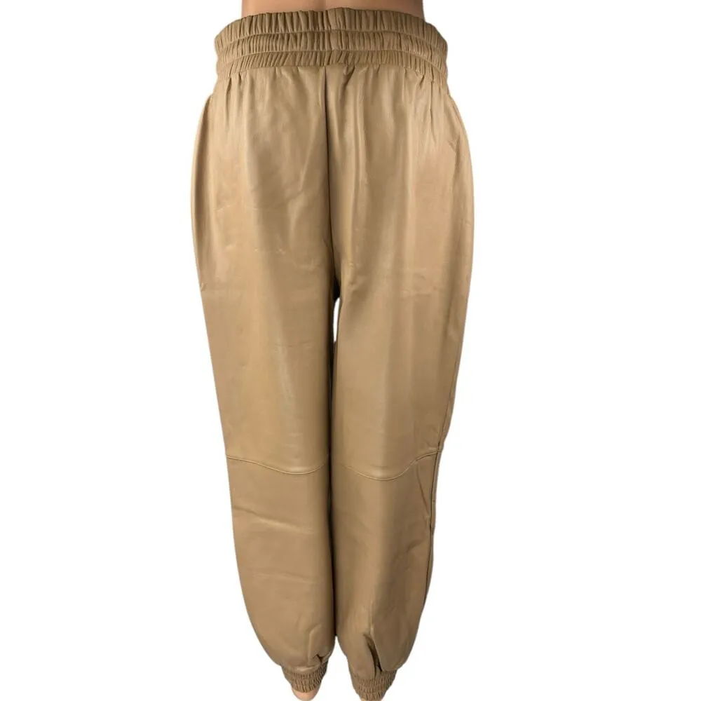 Bebe Brown Faux Leather Tapered High Rise Drawstring Trousers Jogger Pants Sz L - Image 3