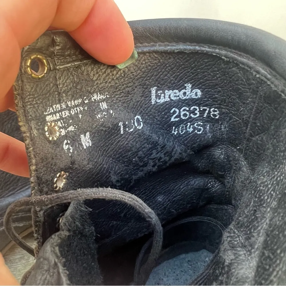 90s Laredo Black Leather Cowgirl Western Lace Up Roper Boots w/ Toe Kilte Fringe - Image 6