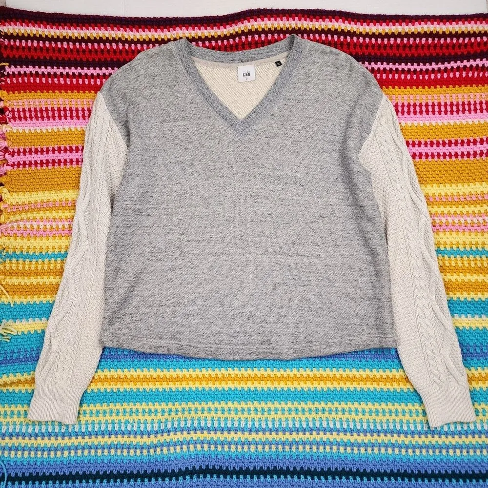 Cabi Fusion Sweatshirt Sweater V-Neck Cable Knit Sleeves Gray Off White M - Image 5