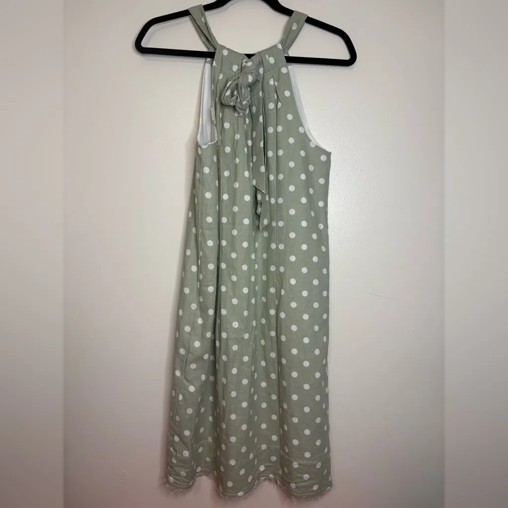 Charlie Paige Green Polka Dot‎ Halter Midi Dress Linen Blend Tie Back NWT Small - Image 3