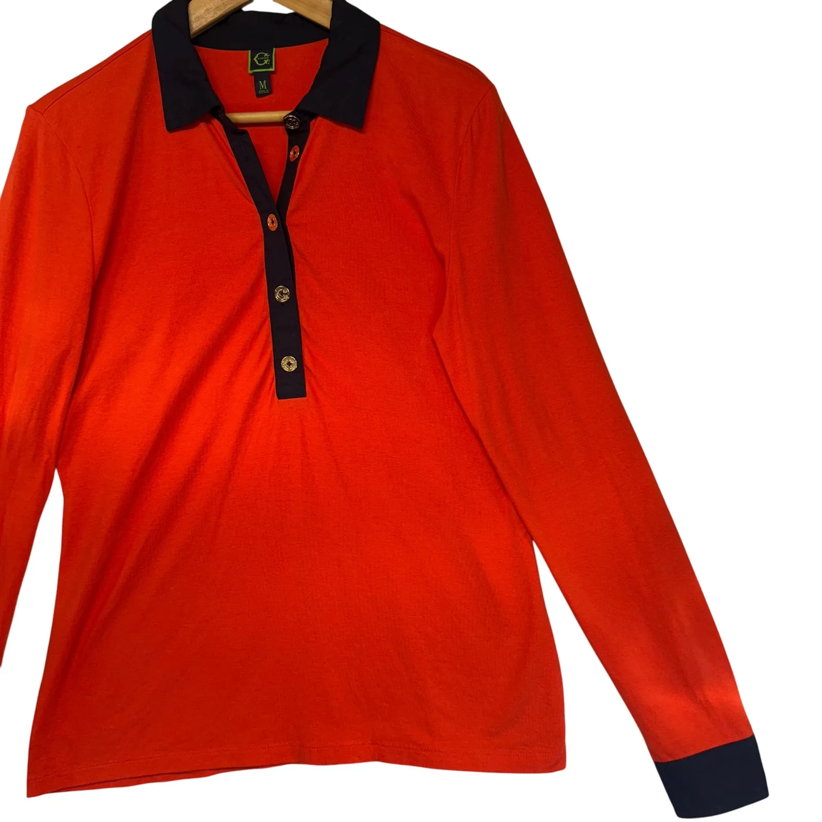 Wonder Long Sleeve Collared Polo Shirt Orange Navy Trim Casual Preppy Sporty M Size M - Image 5
