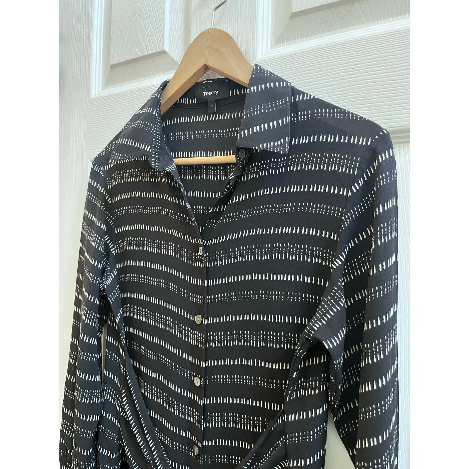 Theory Black Silk Semi Sheer Collared Waist Tie Long Sleeve Shirt Dress Small - Image 6