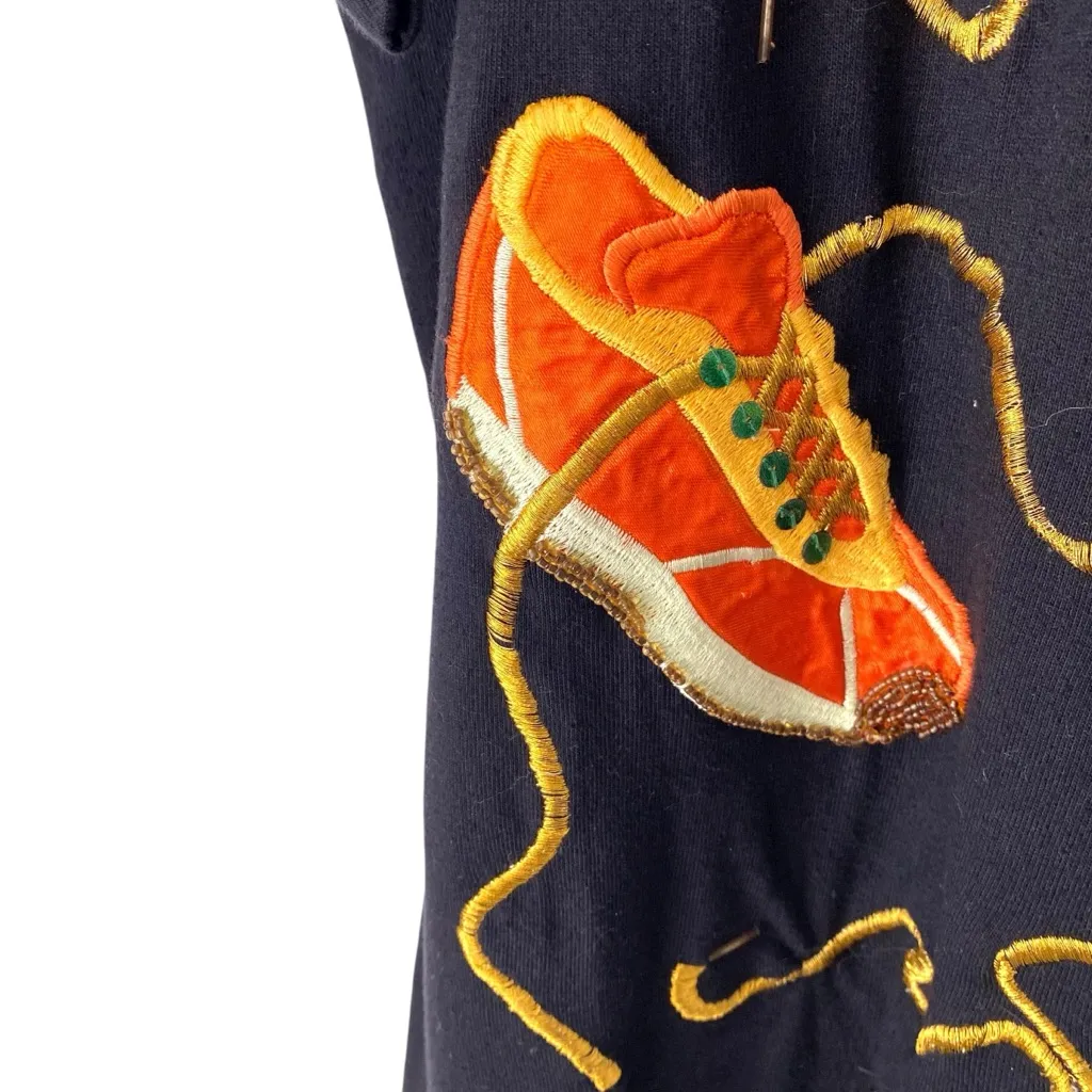 All Points by Reference Satin Embroidered Sneaker Shirt Black Cotton Top Medium - Image 4