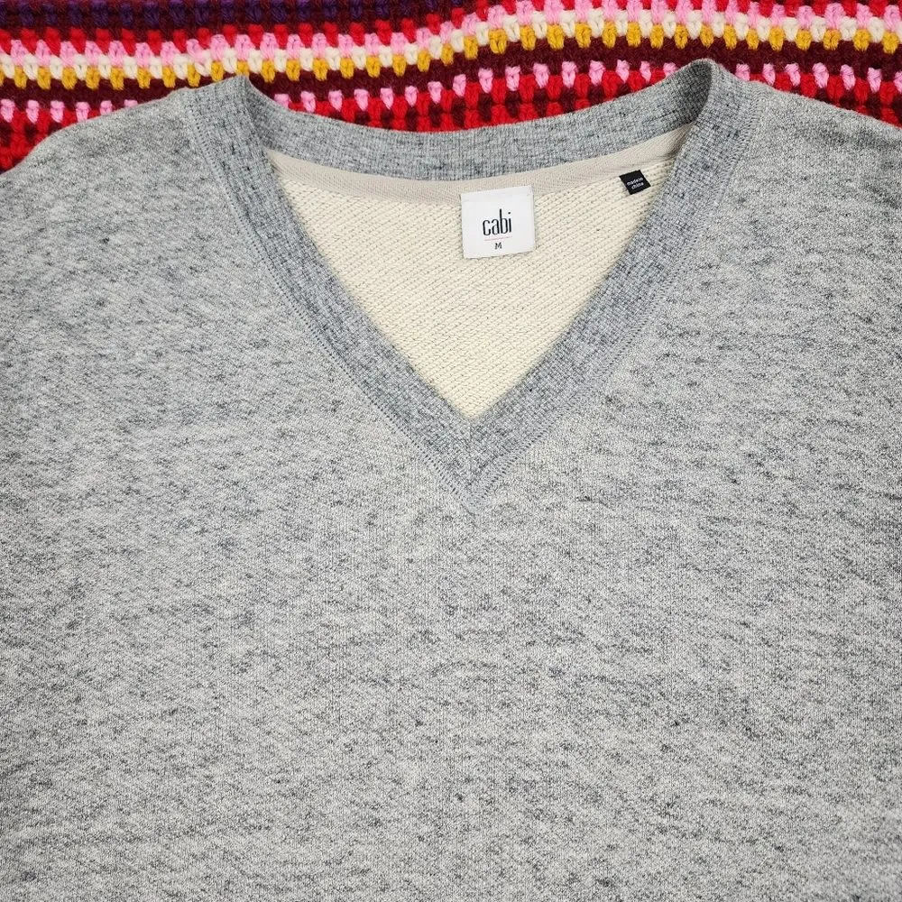 Cabi Fusion Sweatshirt Sweater V-Neck Cable Knit Sleeves Gray Off White M - Image 14
