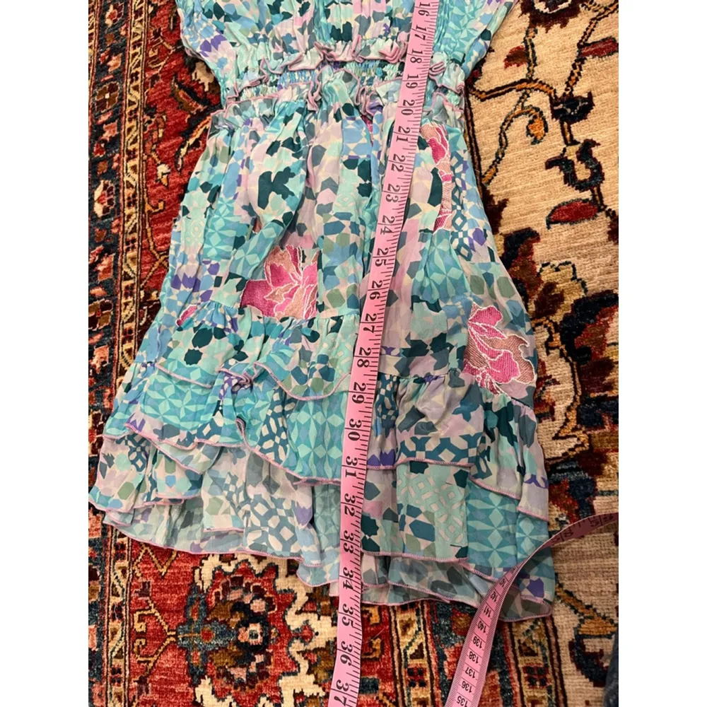 Taj by Sabrina Crippa Blue Pink Geometric Embroidered Floral Boho Peasant Dress - Image 7
