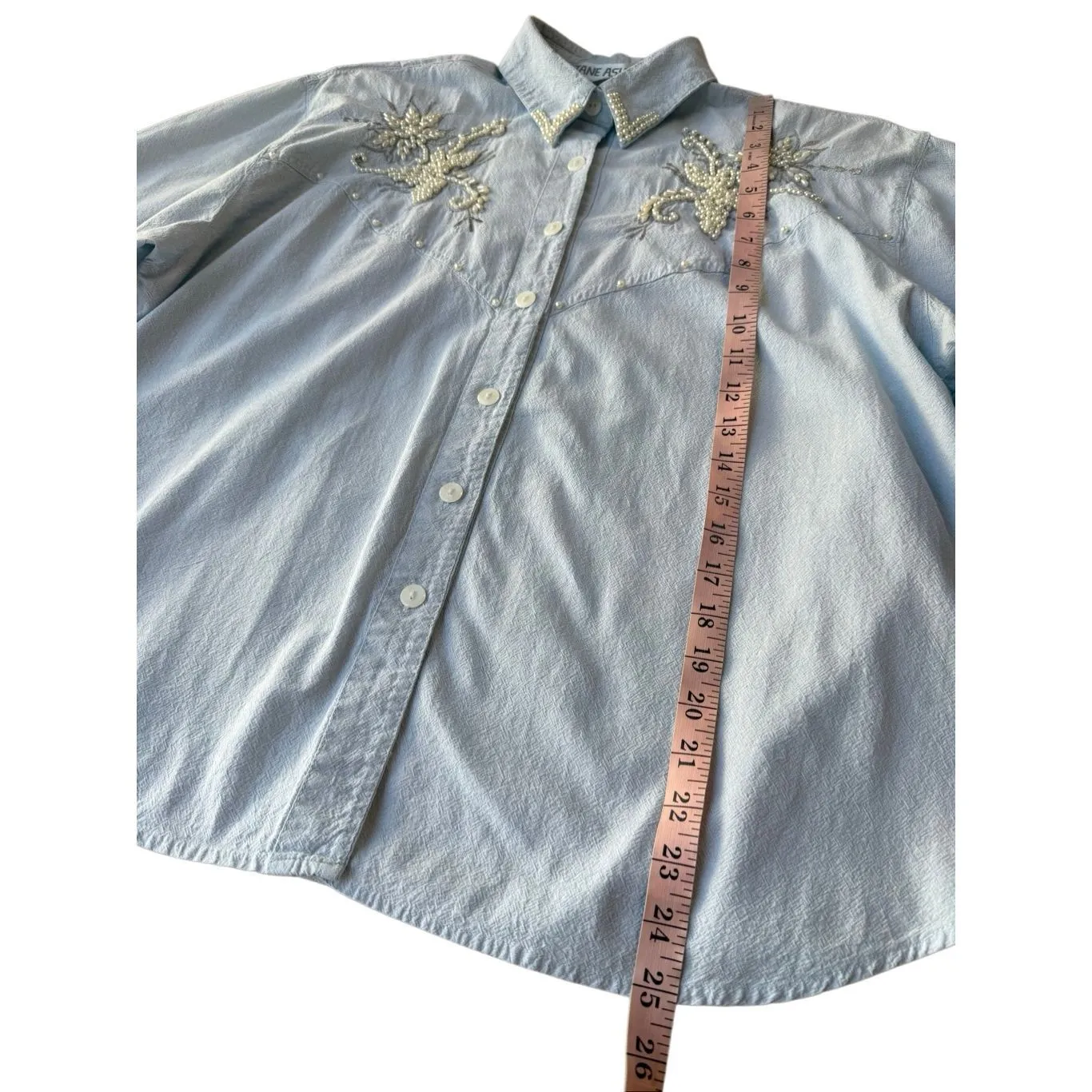 Vintage 80’s Jane Ashley light blue beaded and embroidered button-down shirt - Image 11