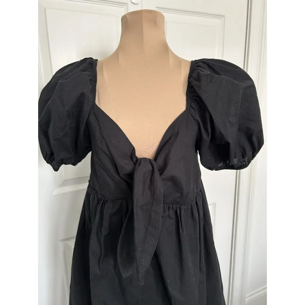 Wild Fable Black Puff Sleeve Mini Dress Tie Front Smocked Back Size M - Image 5