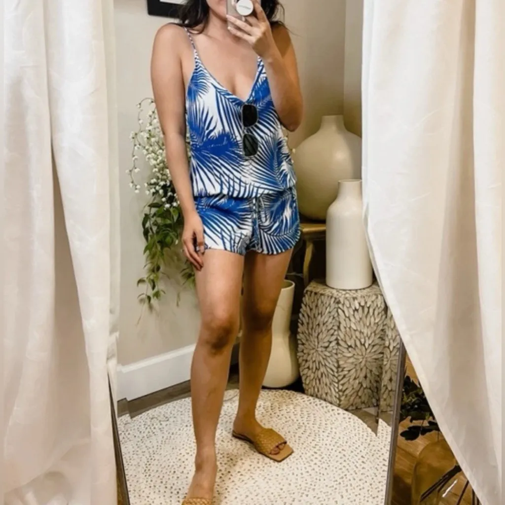 Mikoh Hawaii Palm Tree Tropical Blue White Tank Top Romper Resort Beach - Image 5