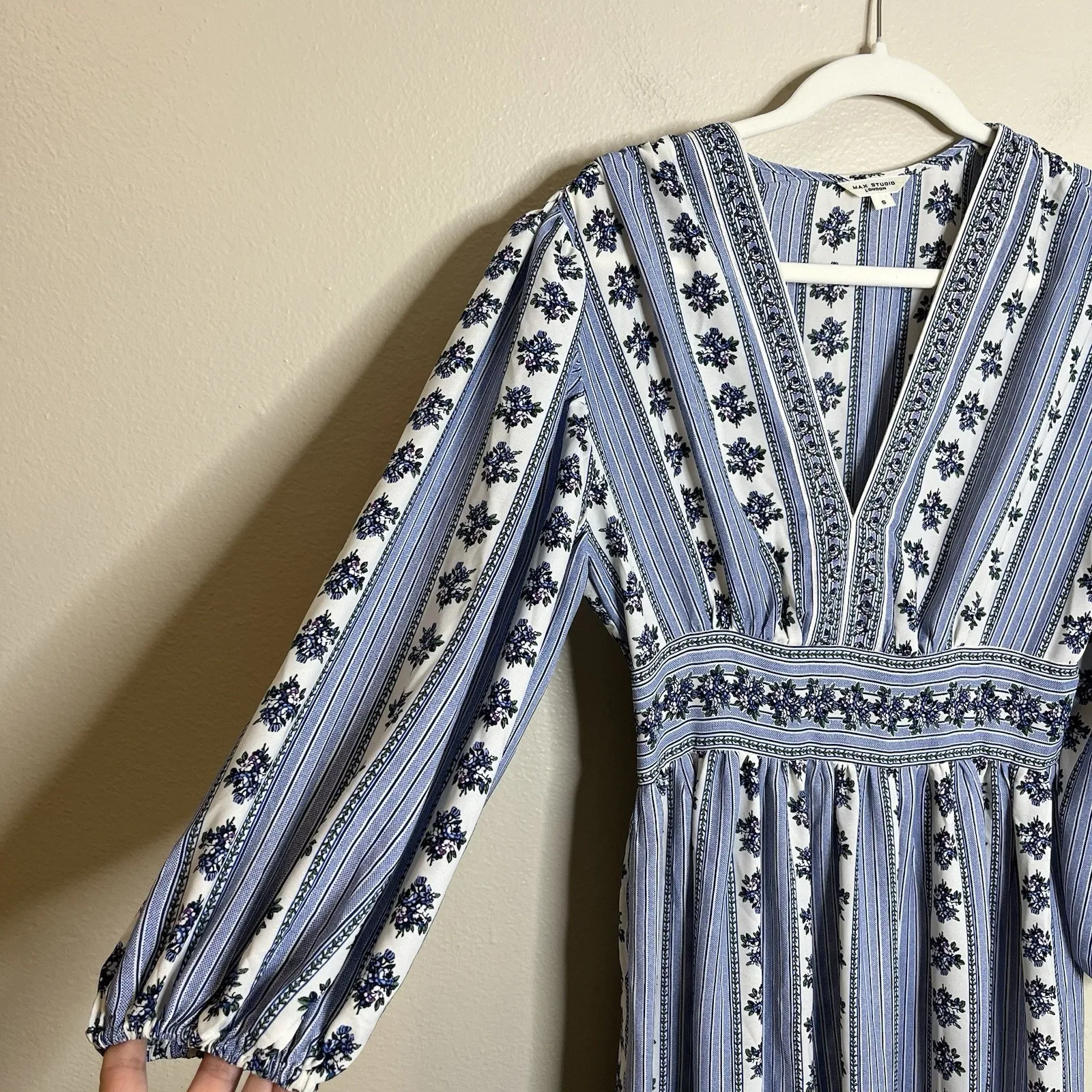 Women's Dress Blue Milkmaid Cottagecore Peasant Floral Stripes V Neck Boho - Image 2