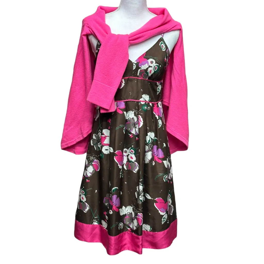 Guess 100% Silk Brown Hot Pink Floral Fit & Flare Dress Size 7 Feminine Summer‎ - Image 4