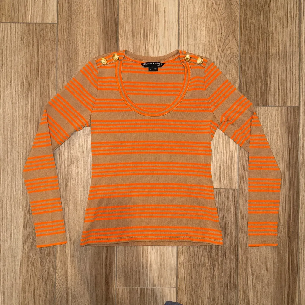 Veronica Beard Lizzie Striped Brown Tan and Orange Long-Sleeve Top - Image 2