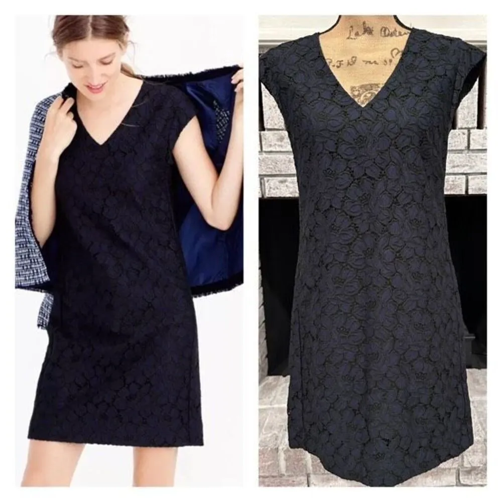 J. Crew‎ Navy & Black Lace V Neck Sheath Dress Size 4 Career Event Dress Up - Image 2