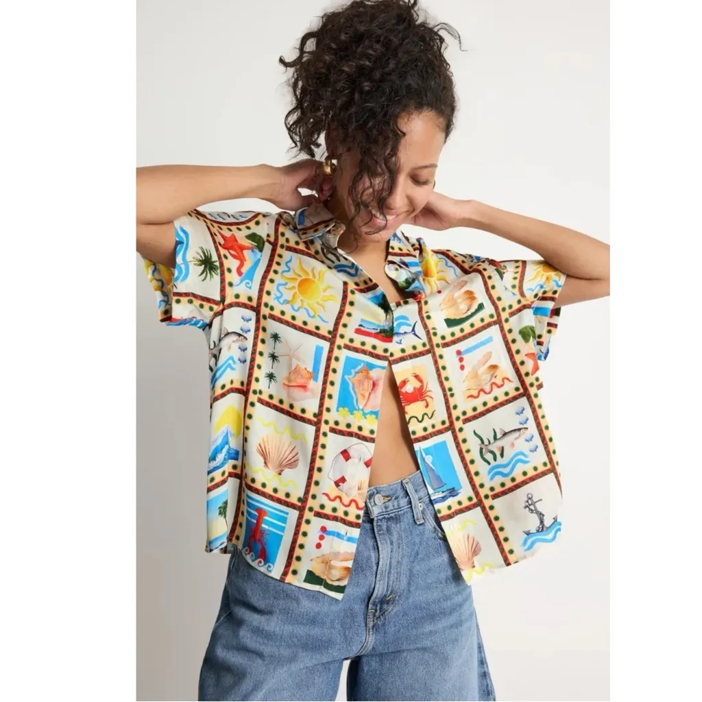 WeWoreWhat XL Art to Wear Coastal Beach Scene Souvenir Oversized Silky Dad Shirt - Image 7