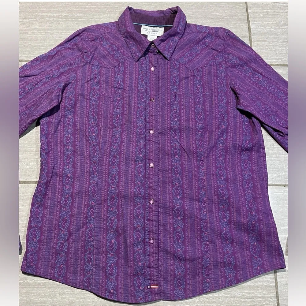 Vintage Wrangler Blues Horseshoe Print Button Shirt Purple Blue Women’s Large - Image 2