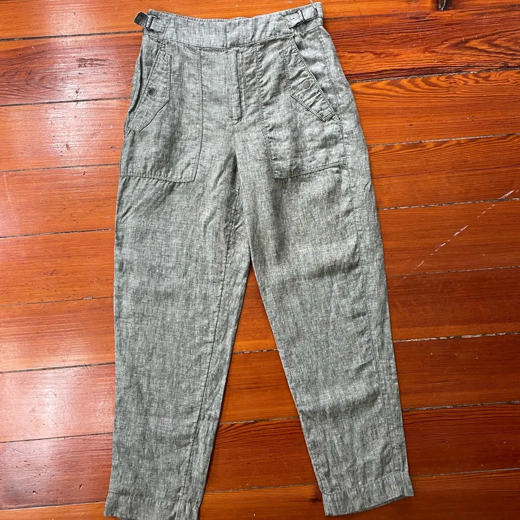 Athleta Voyager Cropped 100% Linen Pant in Heather Green with Pockets - Size 2 - Image 8
