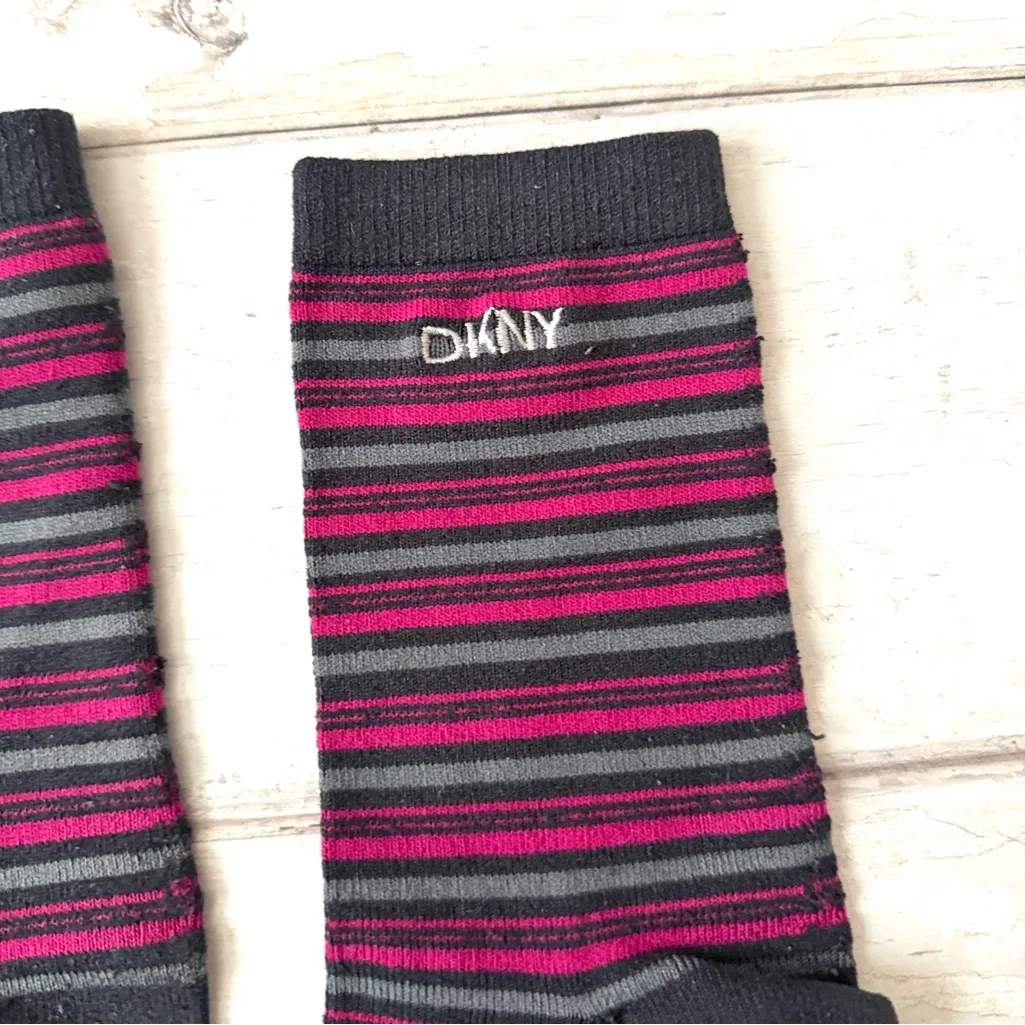 DKNY Women’s Socks Set Bundle of 2 Pair Gray Crew Sock Pink Stripes - Image 2