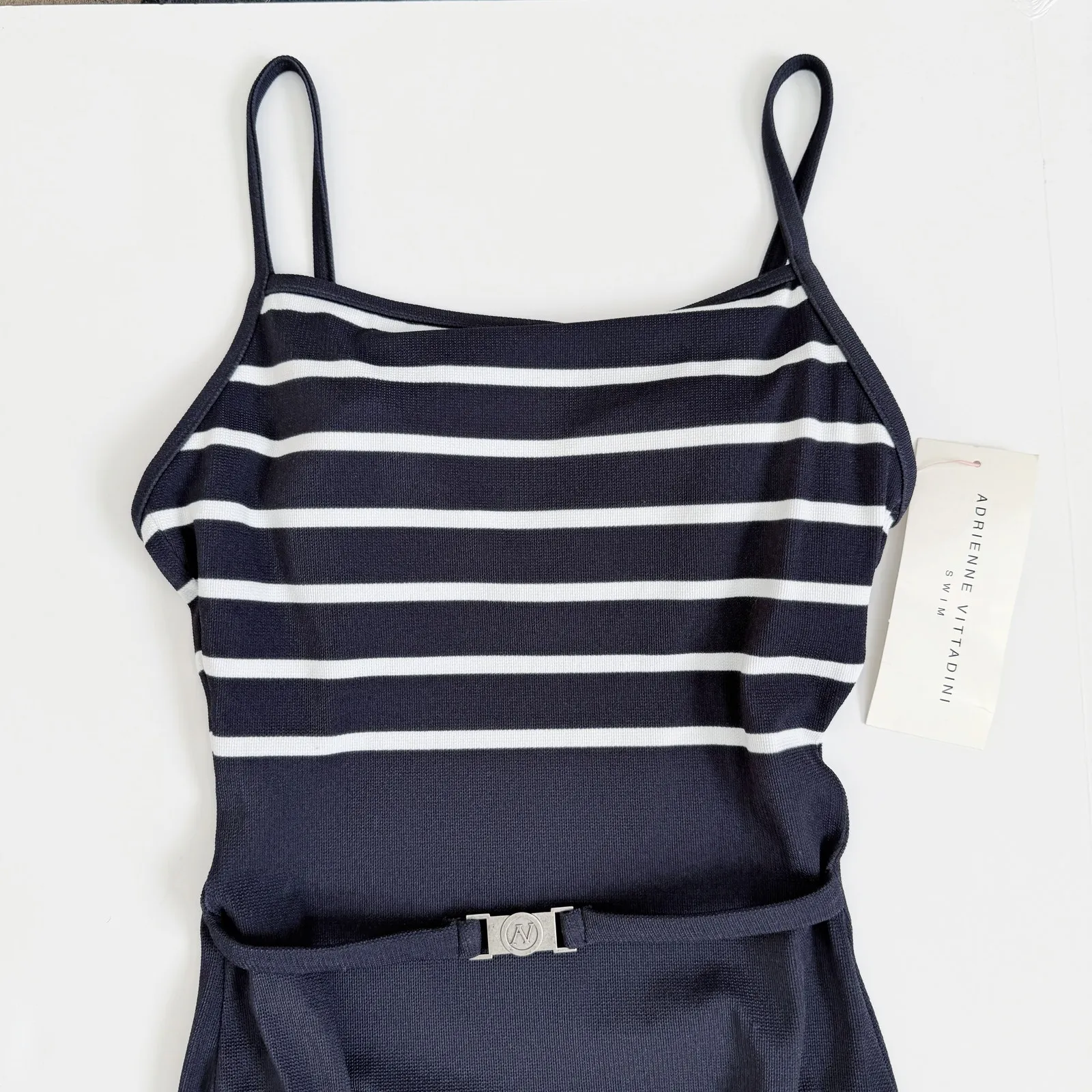 [Adrienne Vittadini] Navy Charcoal Striped Vintage Y2K Belted Swimsuit NWT Sz 6 - Image 3