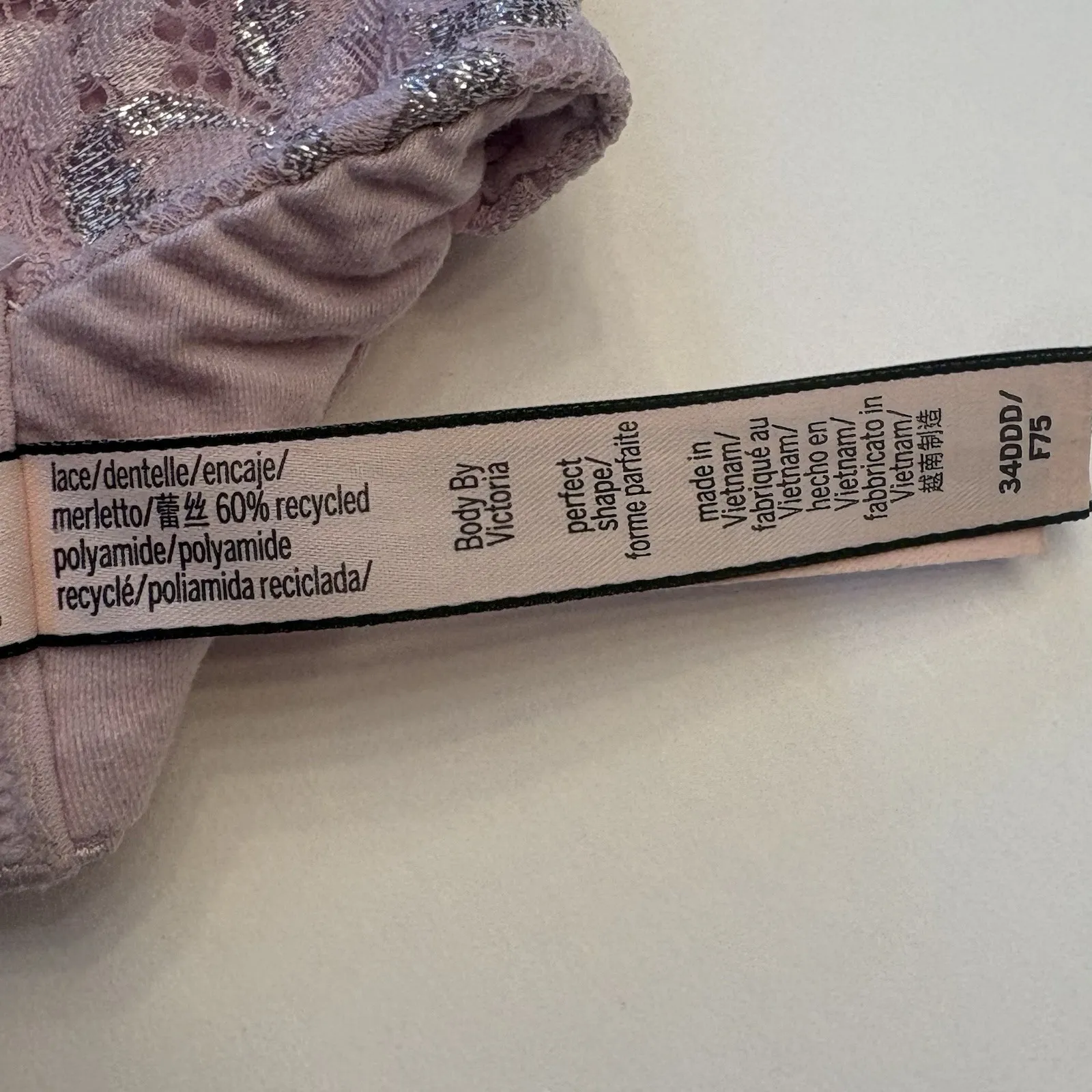 Body by Victoria Secret Perfect Shape Bra Crossback Size 34DDD Pink Silver Lace - Image 6