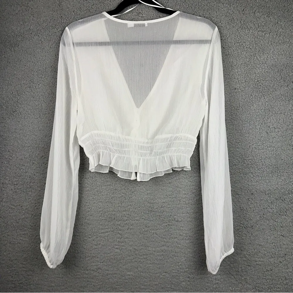 Stradivarius Top Medium White V-Neck Womens Smocked Lace Hem Sheer Crop Blouse - Image 2