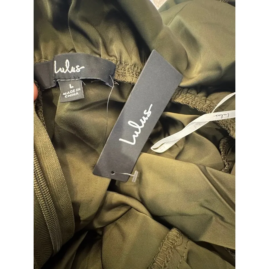 Lulus Olive Green Satin High Neck Sleeveless Maxi Dress With Slits Size L - Image 14