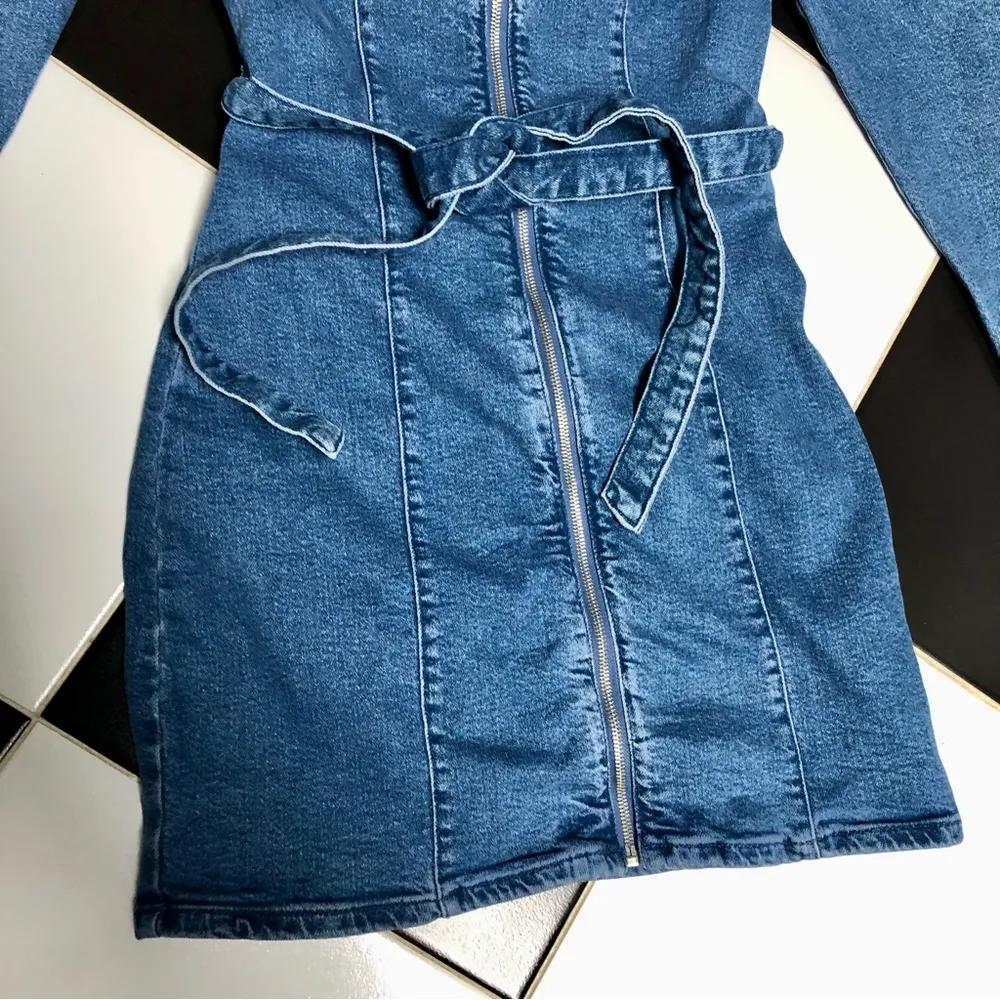 NWT Bershka Shirt Mini Dress Long Sleeve Denim Belted Puffy Sleeves Western sz M - Image 8