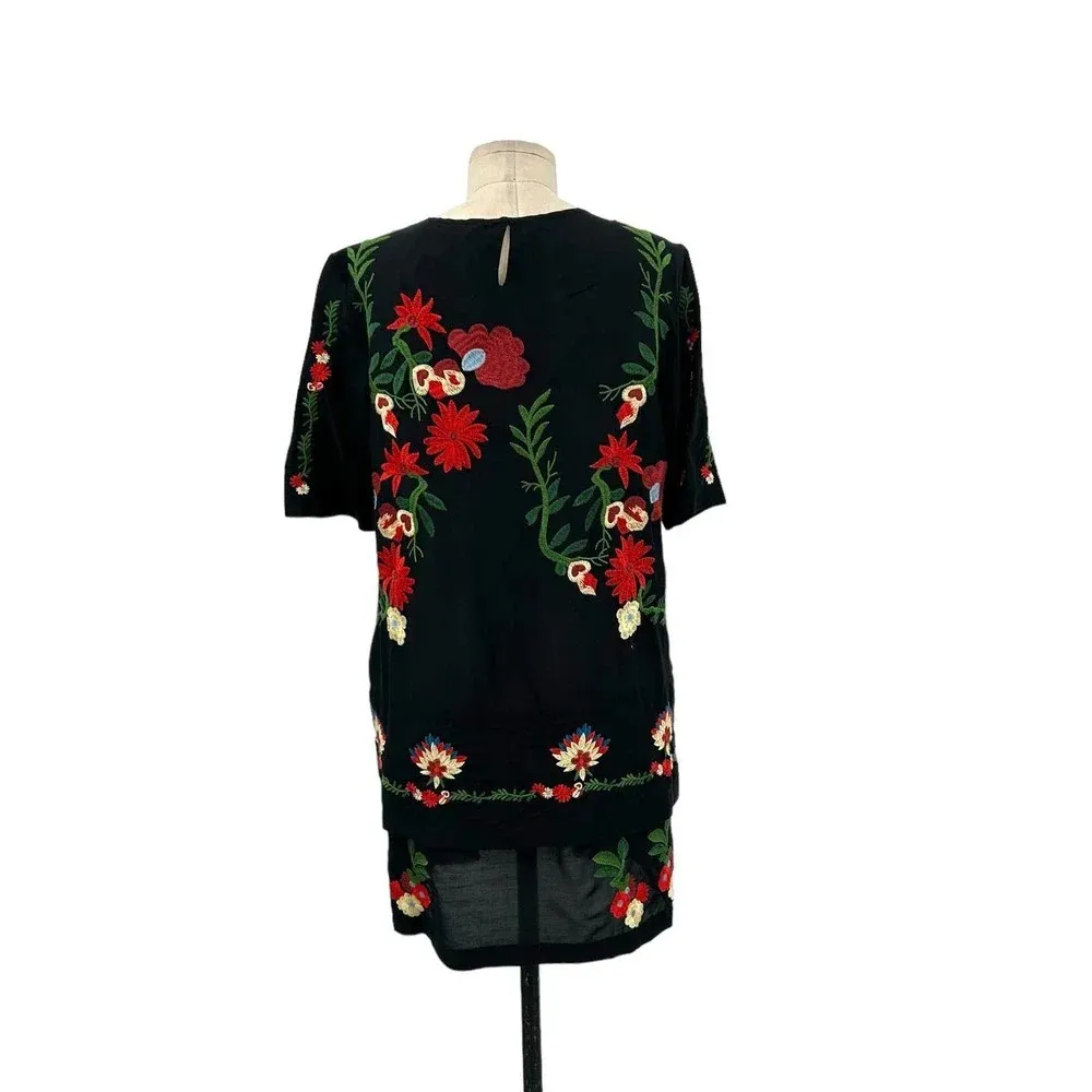 Zara Embroidered Floral Crane Bird‎ Short Black Dress Size XS - Image 7
