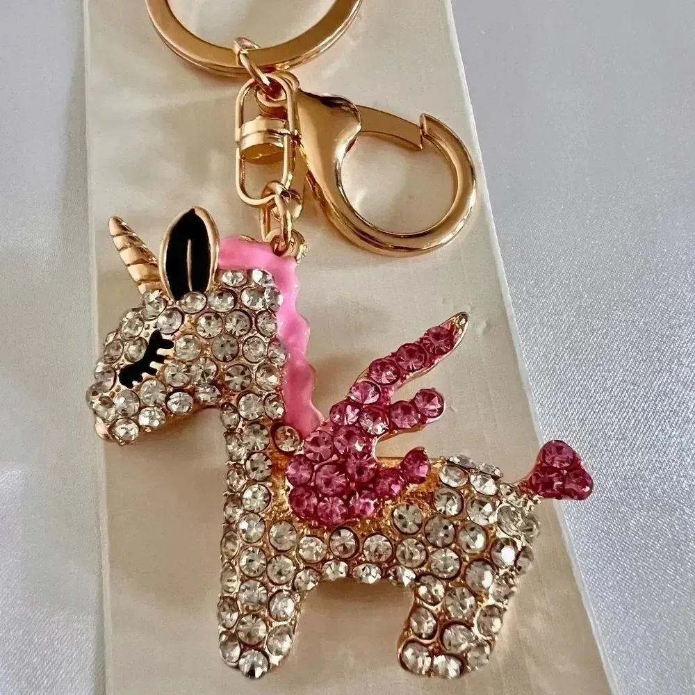 Unicorn Bag And Key Chain Charm Pink Clear Crystal Rhinestone Gold Tone Hardware - Image 2