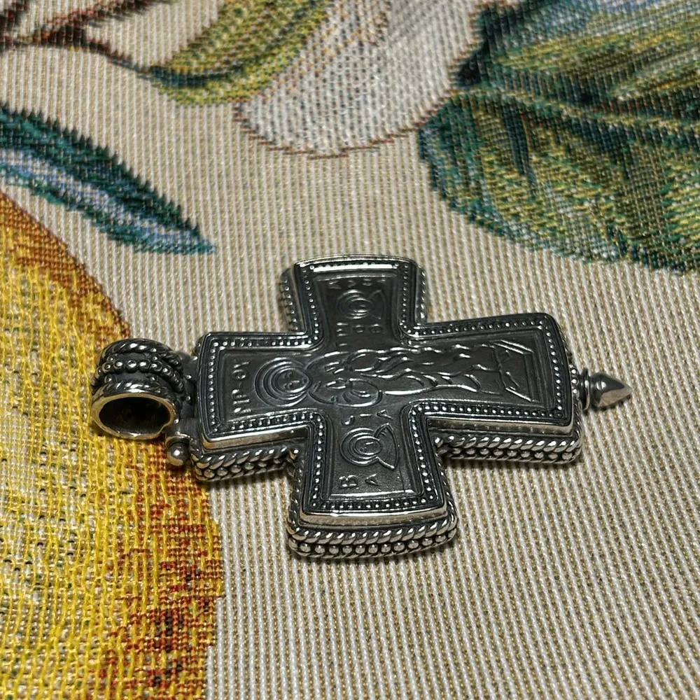Konstantino Greece Sterling Silver 925 Etched Mother of God Cross Pendant - Image 6