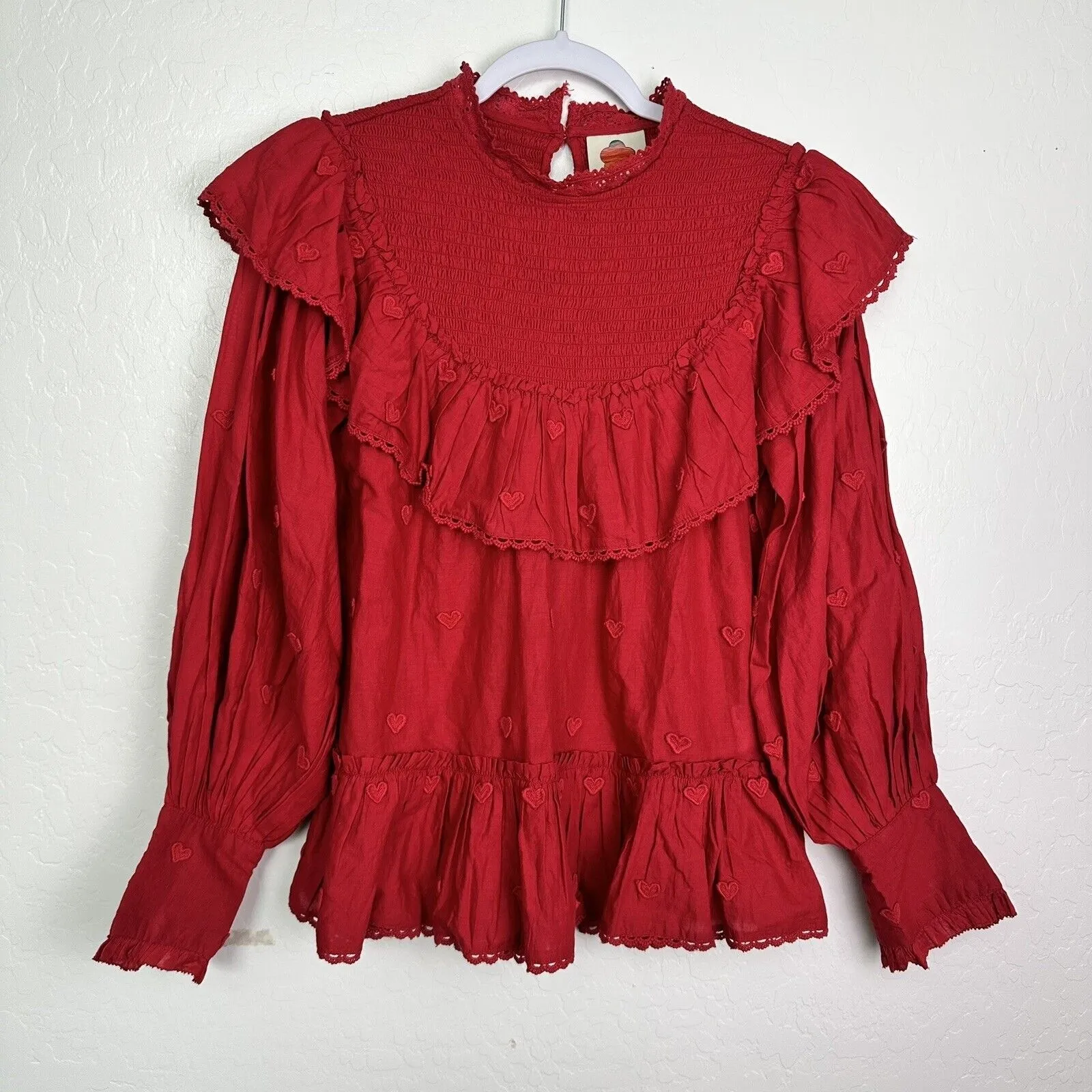 Farm Rio Women's Red 3D Heart Red Blouse Long Sleeve Smocked Size XS - Image 5