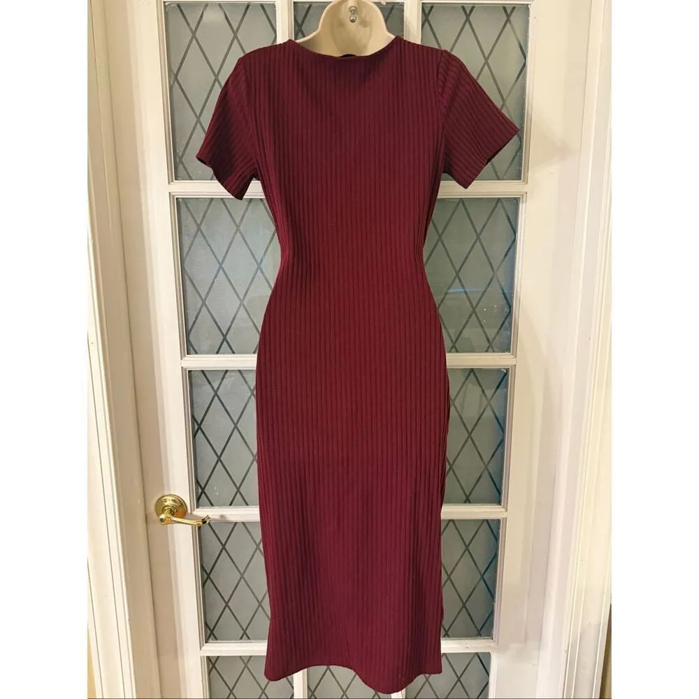 Ribbed Tie Front Midi Dress Burgundy Size Small - Image 3