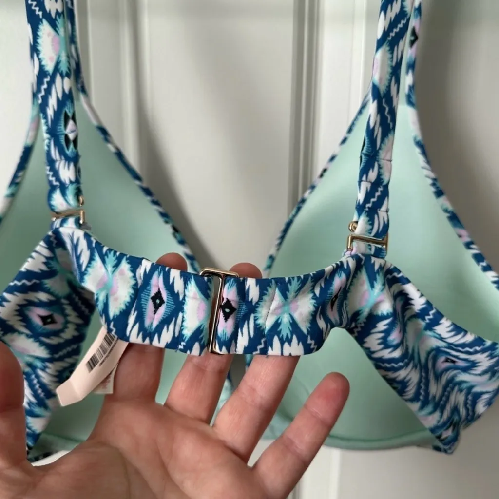 Victoria's Secret NEW Blue Ikat Abstract Print Plunge Halter Bikini Top 38C - Image 9