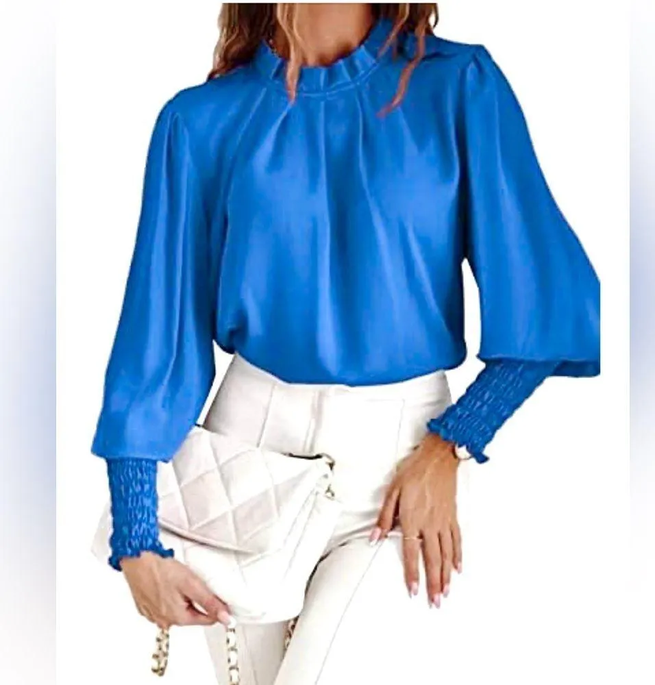 Long smocked sleeve pleated mock neck cobalt blue blouse top size small - Image 2