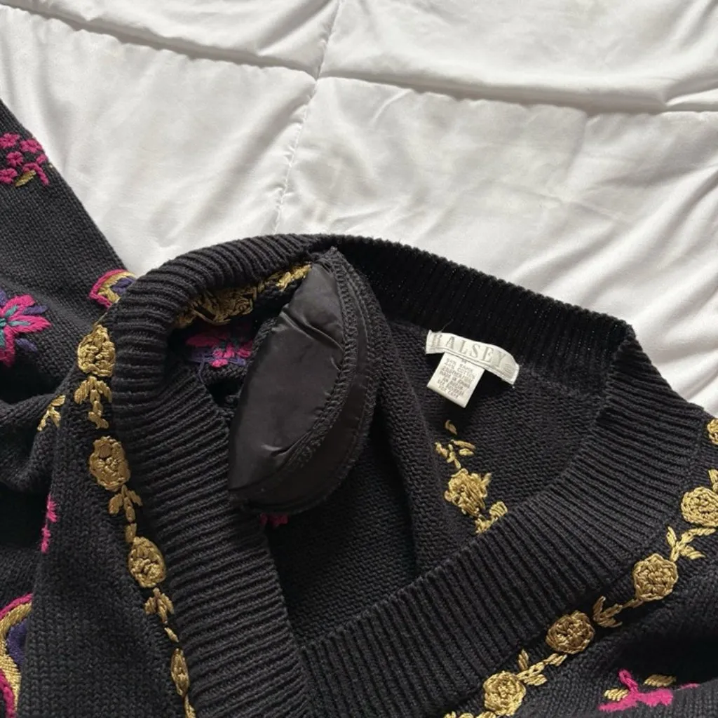 Vintage 80s 90s Womens Size Medium Black Floral Sweater Holiday Fall V Neck - Image 7