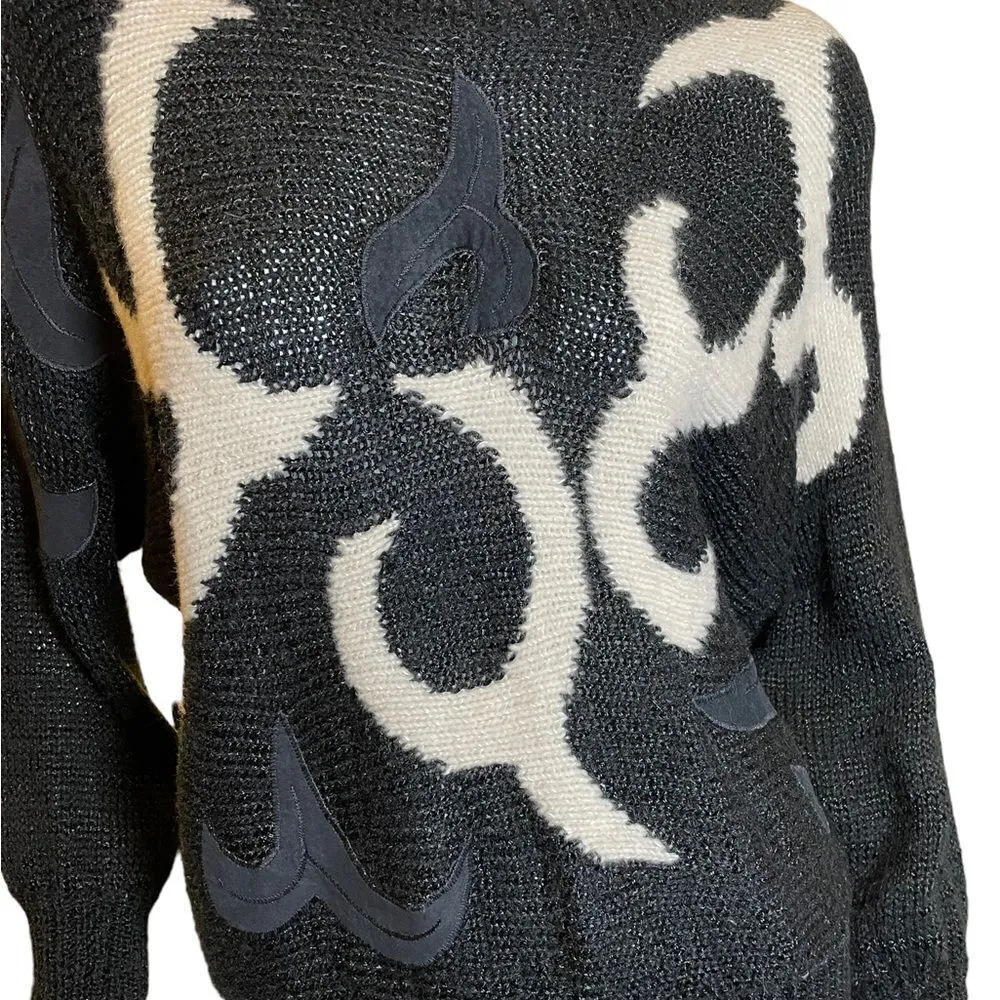 Vintage 80s Ginenne Abstract Geometric Swirls Angora Sweater Medium Black White - Image 9