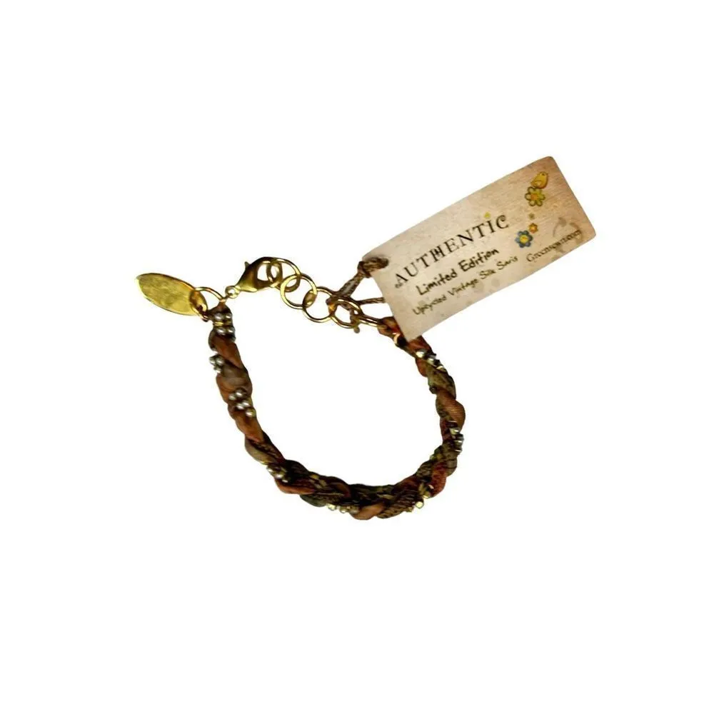 Green Sewn limited edition sustainable style vintage Sari bracelet NWT good karm Tan - Image 4