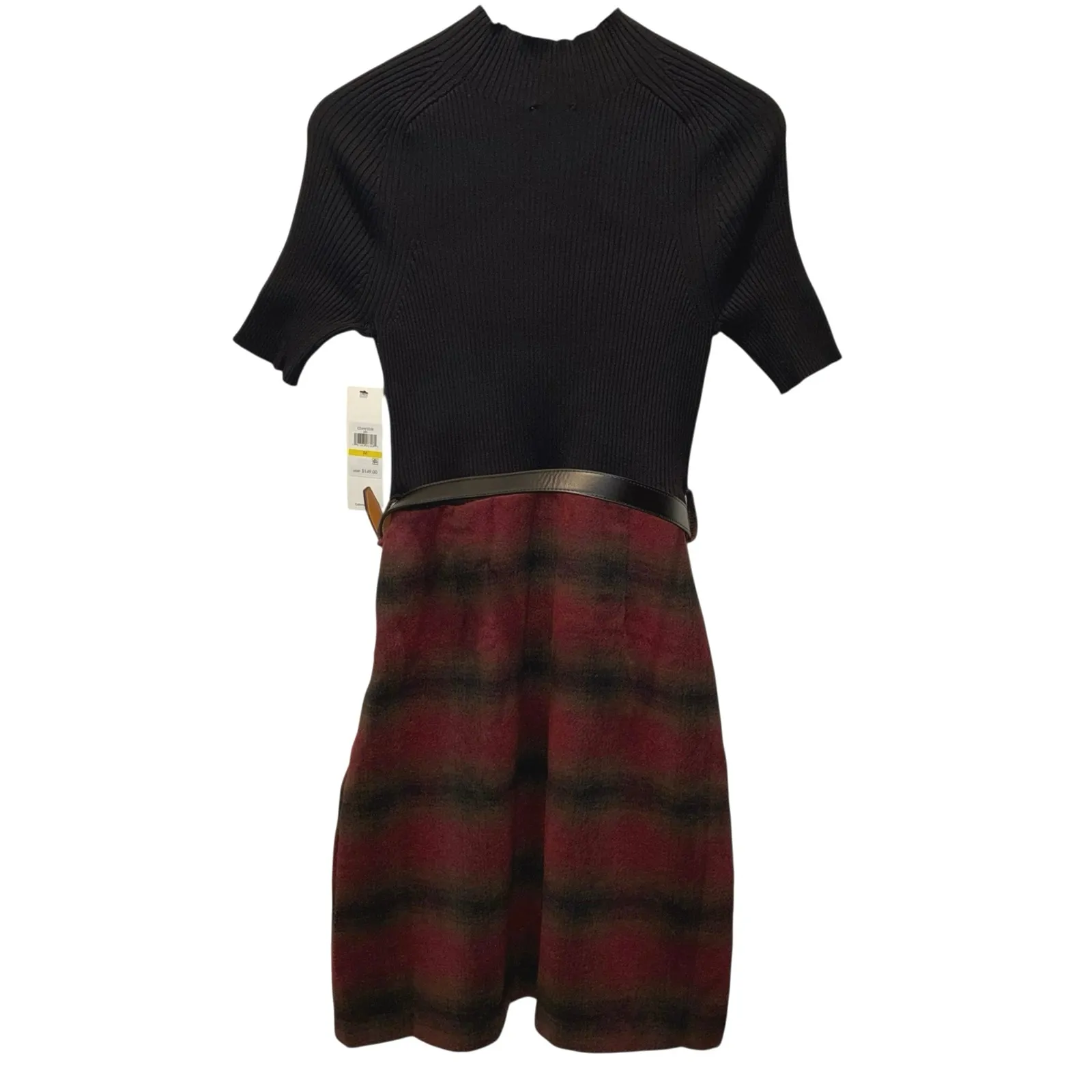 Calvin Klein Knit Sweater Plaid Dress Belt Black Red Womens Size Medium NWT New - Image 2