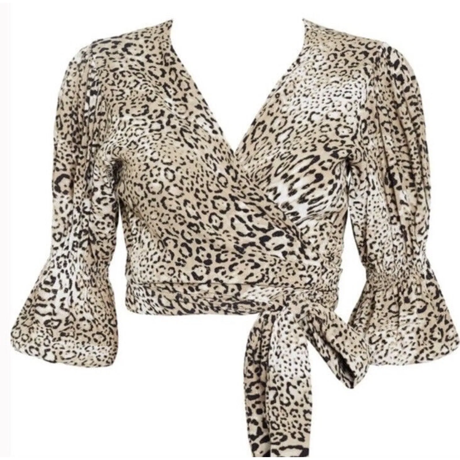 Faithfull The Brand Wrap Blouse Leopard Beige Cropped Tie Waist Revolve US 6 NWT - Image 2