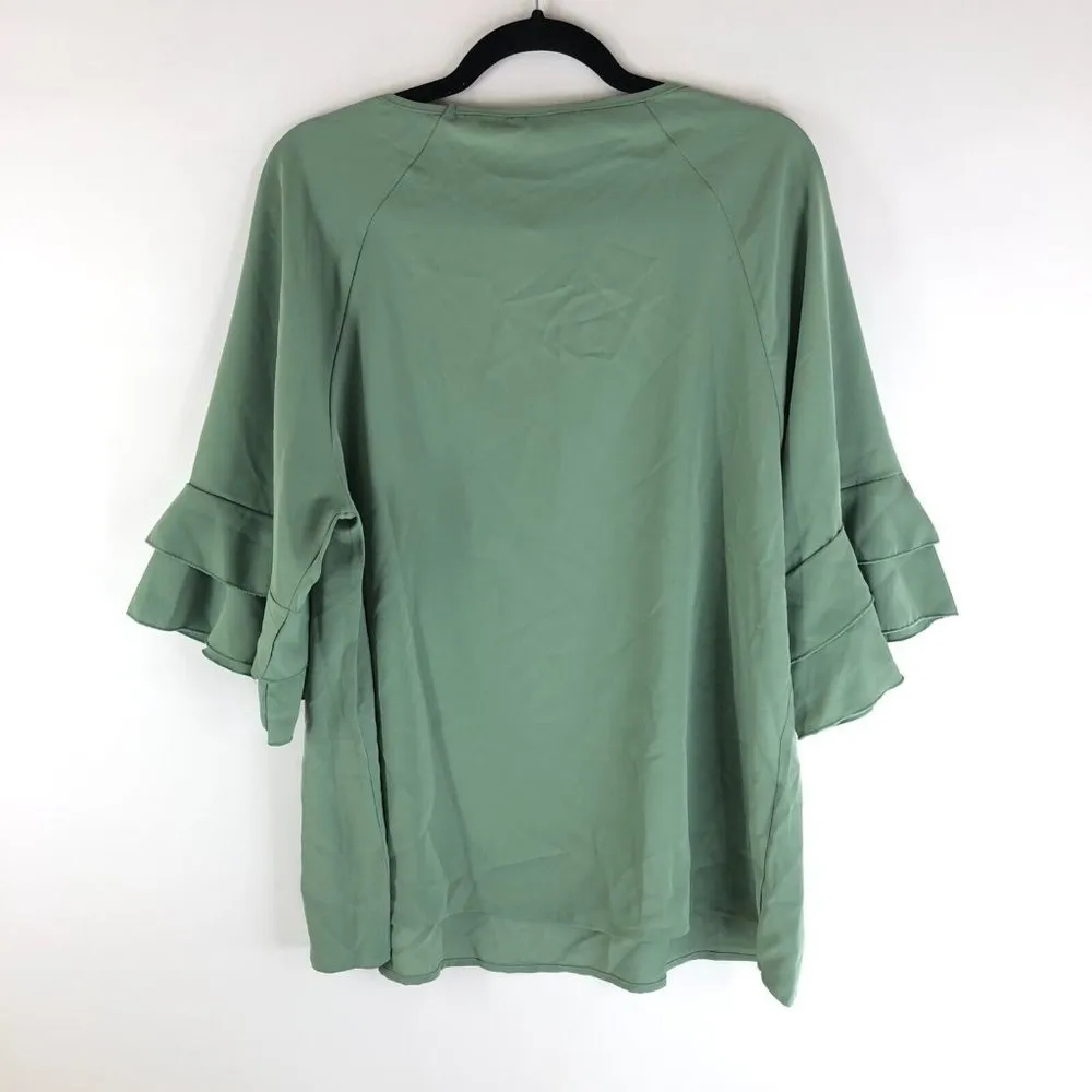 Bloomchic Womens Plain Ruffle Tiered Round Neck Blouse Green 12 - Image 4