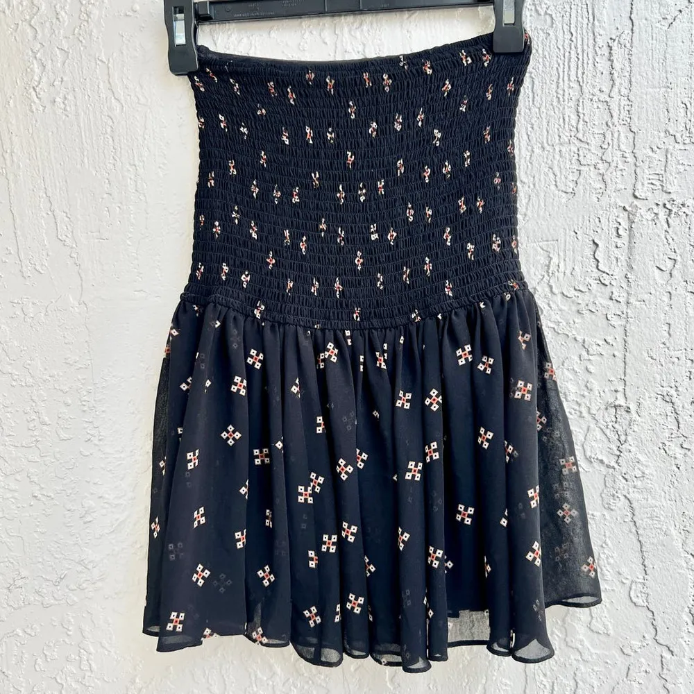 Maje Jouet Printed Chiffon Smocked A-Line Mini Skirt Imprime Black Womens Sz 1/S - Image 4