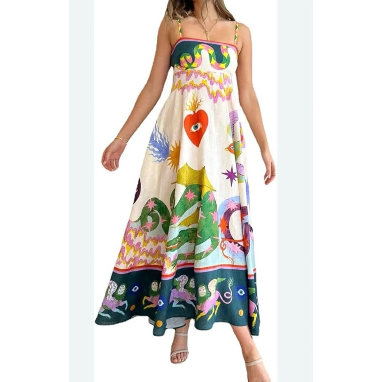 Amazon linen blend bohemian summer printed midi dress small - Image 2