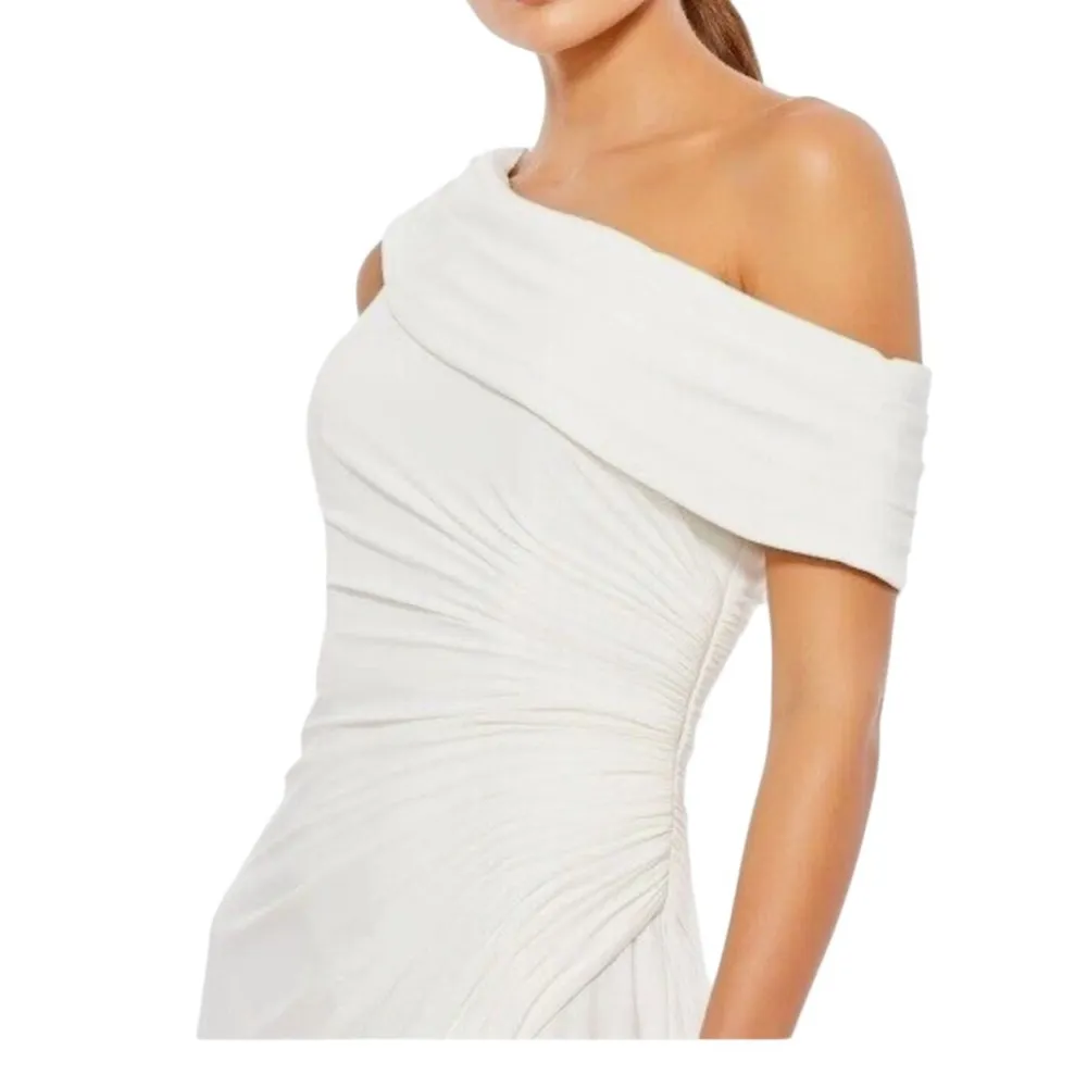 Ieena for Mac Duggal Fold Over Ruched One Shoulder White Dress (Hemmed) - Image 2