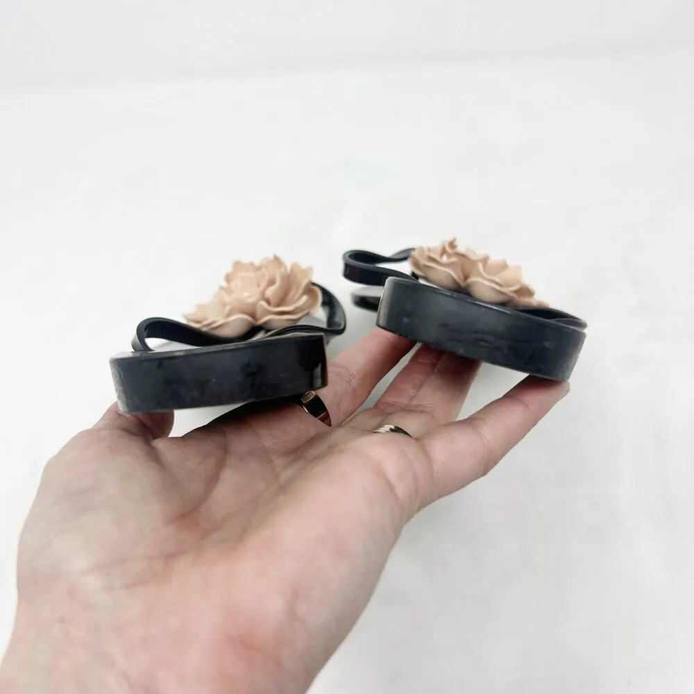 [Melissa] Black Jelly Sandals Rubber Flip Flop Beige Flower Beach Thongs Size 9 - Image 4