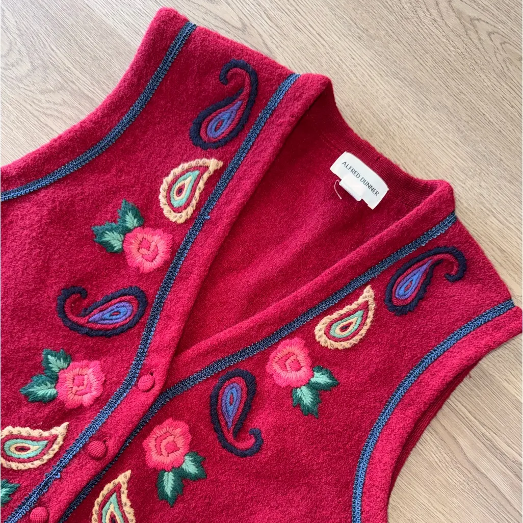 Vintage 90s Alfred Dunner Burgandy 100% Wool Embroidery Vest Floral Paisley XL - Image 2