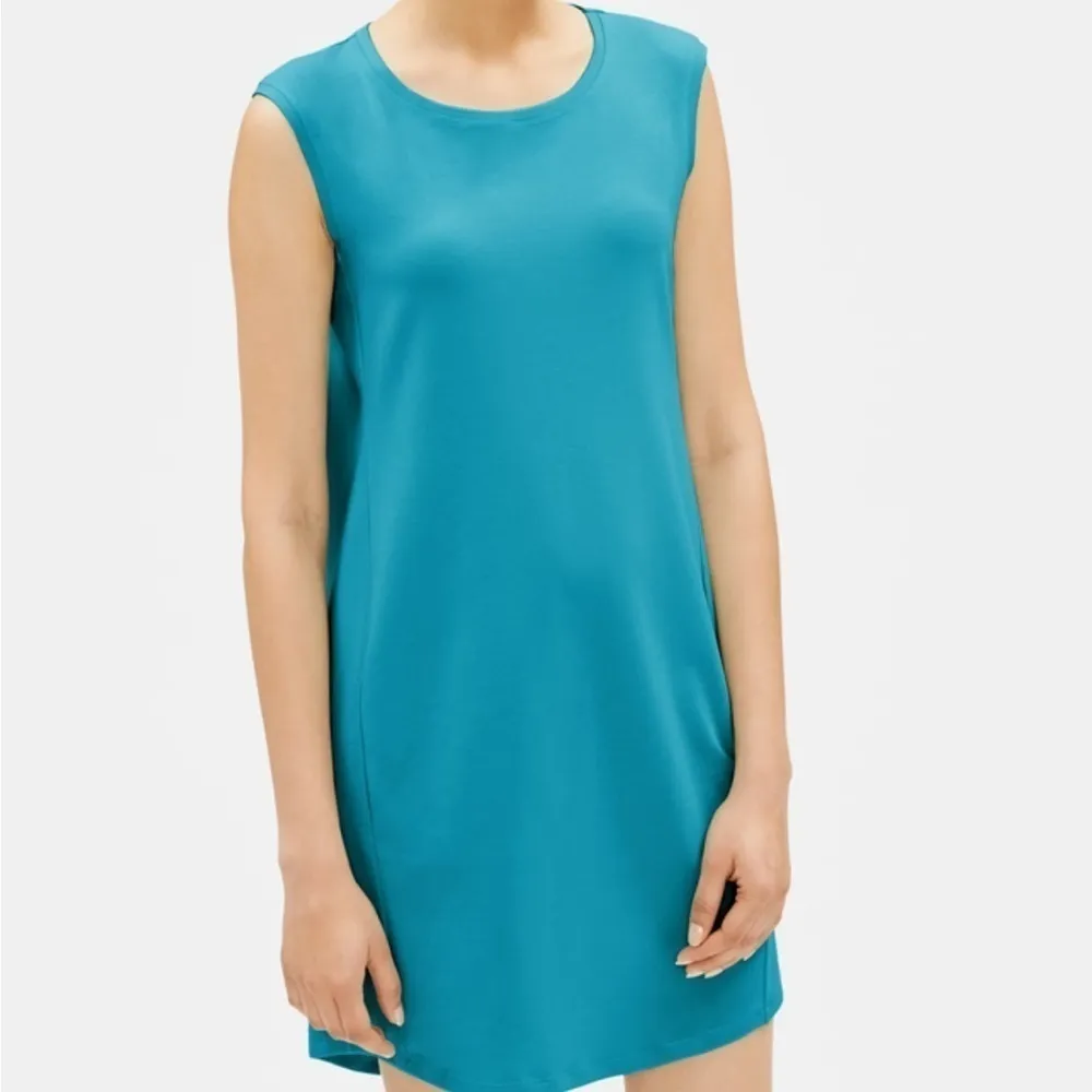Eileen Fisher Cotton‎ Stretch Jersey Scoop Neck Dress in Jasper Blue Size Medium - Image 3