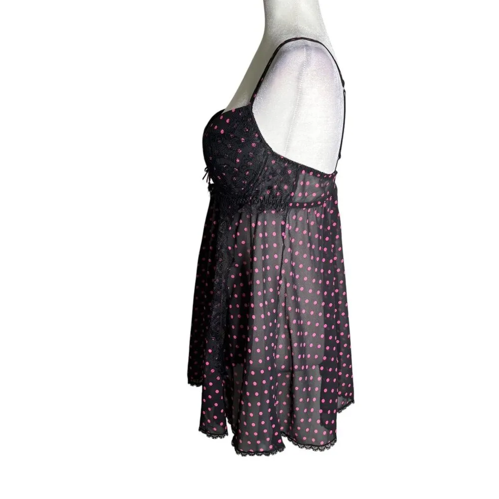 Seductive Wear By Cinema Black Pink Polka Dot Babydoll Lingerie Size Large - Image 3