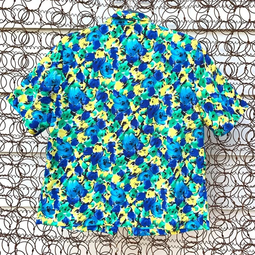 Vintage floral secretary blouse with kitten bow bold blue yellow green floral Size M - Image 4