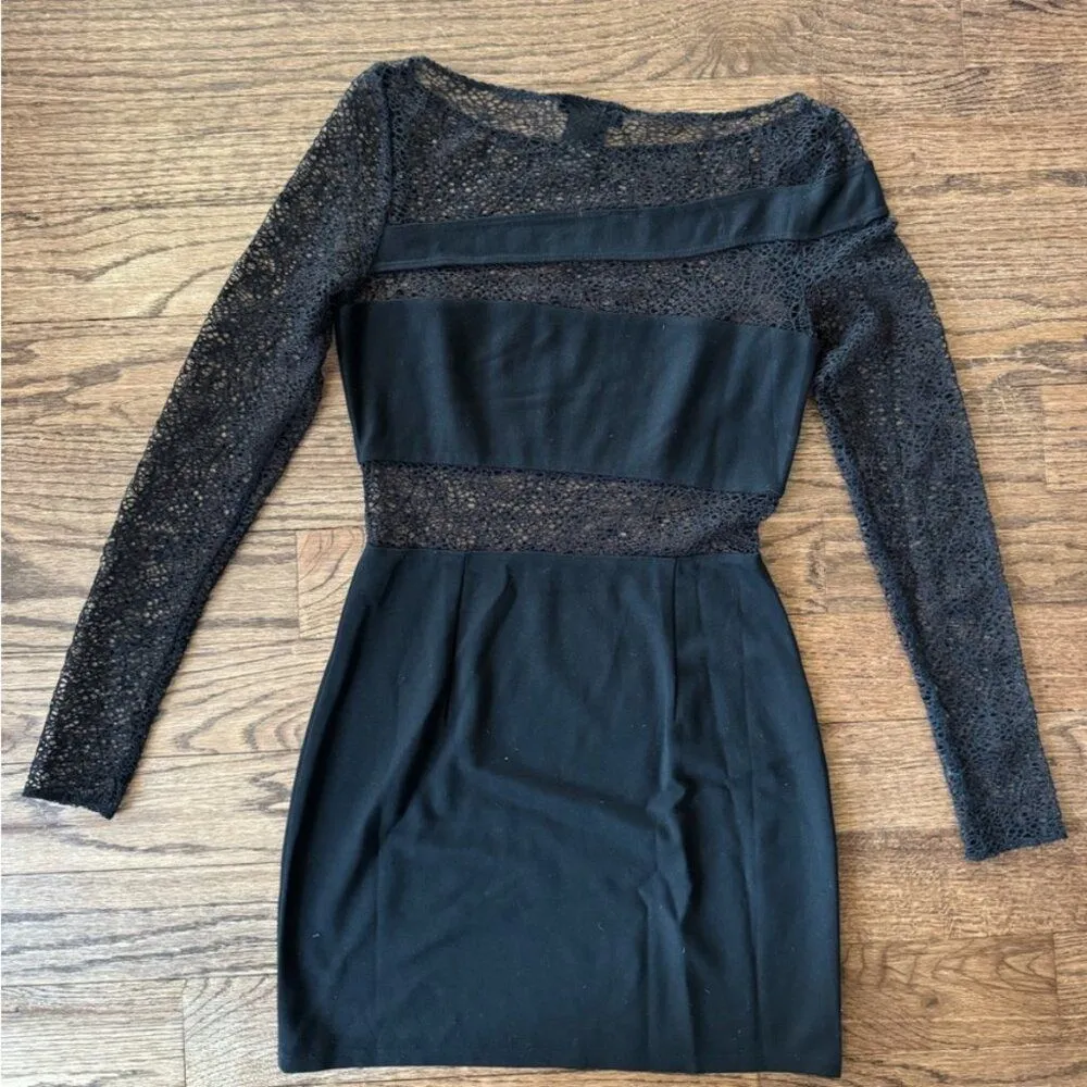 H:ours Hattie Long Sleeve Mini Dress Mesh Lace Insert Cut Out Black S Bodycon - Image 4