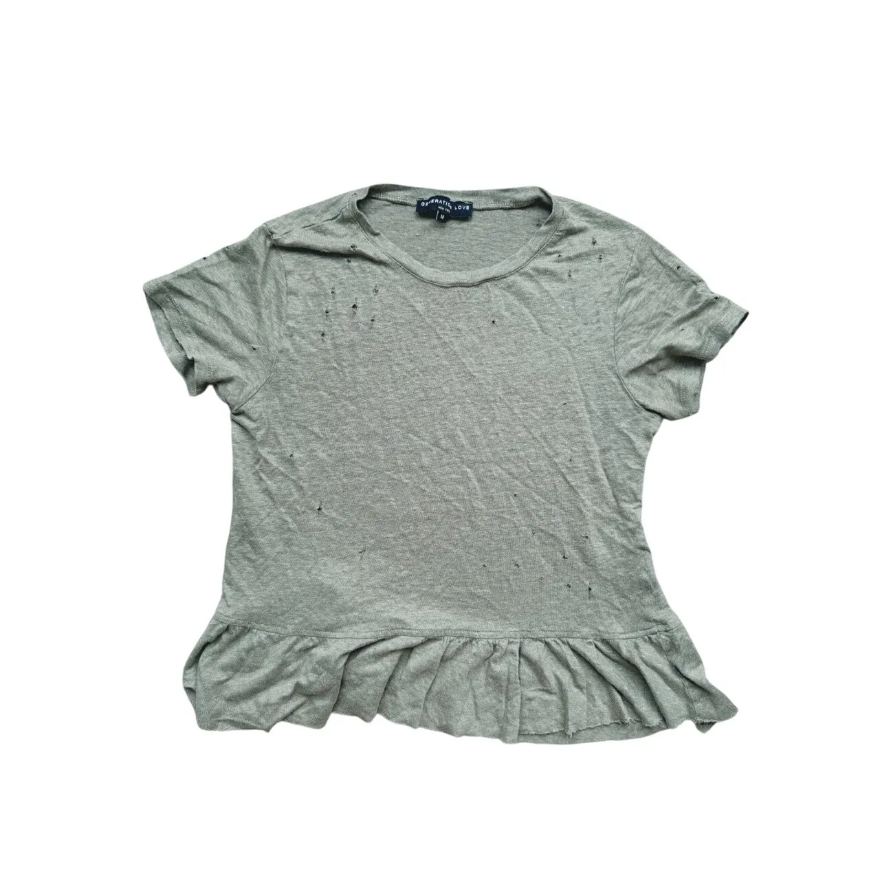Generation Love Distressed Ruffle Short Sleeve Top Medium Green Soft Grunge Fall - Image 3